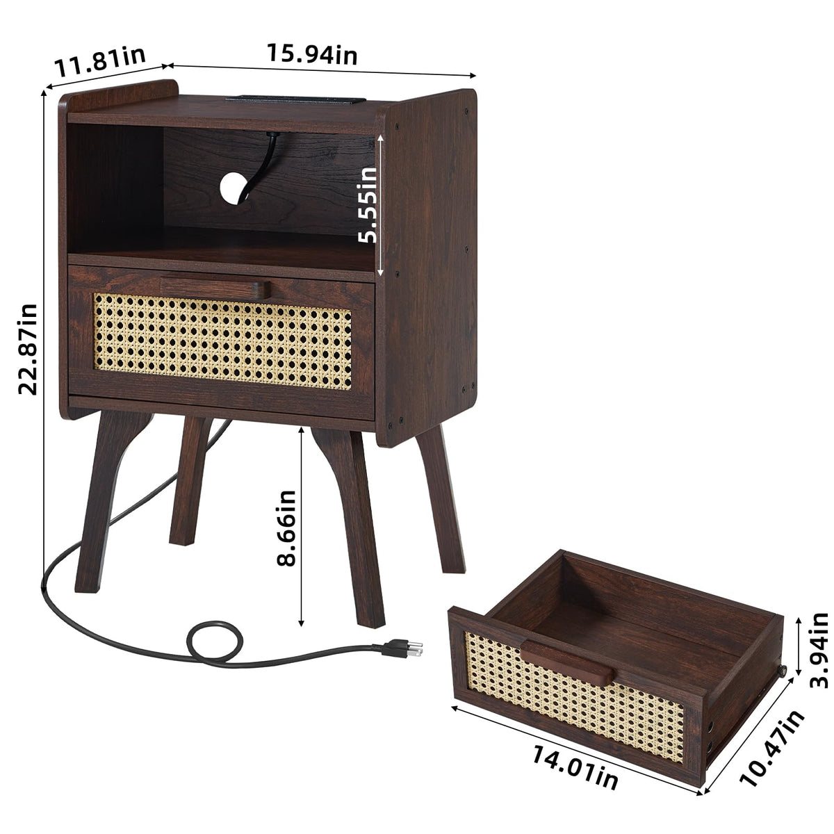 Lerliuo Rattan Nightstand with Charging Station, Boho Night Stand