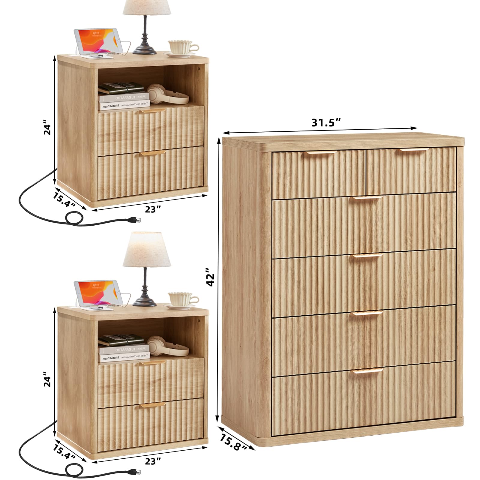 LEYAOYAO Fluted Dressers & Nightstand Set of 4, Wood 48" Wide Dresser & 42" Tall Chest of Drawers,Modern Bedroom Furniture Sets, Black Wooden Nightstand Set of 2 with 2 Drawers & Charging Station