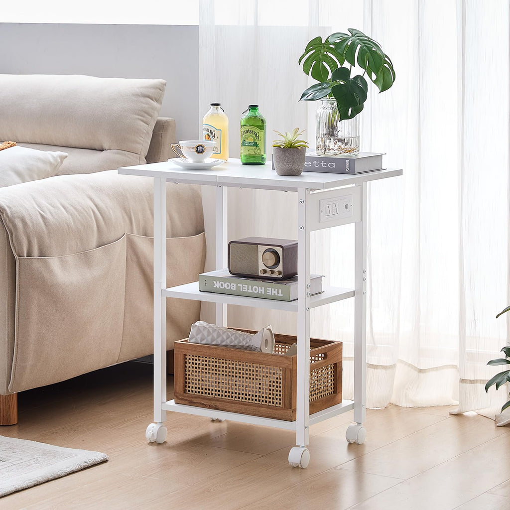 Lerliuo 3-Tier Printer Stand, Industrial Mobile Printer Table with Storage Shelf and Steel Frame, Rolling Printer Cart Holder with Lockable Wheels for Home, Office (White)