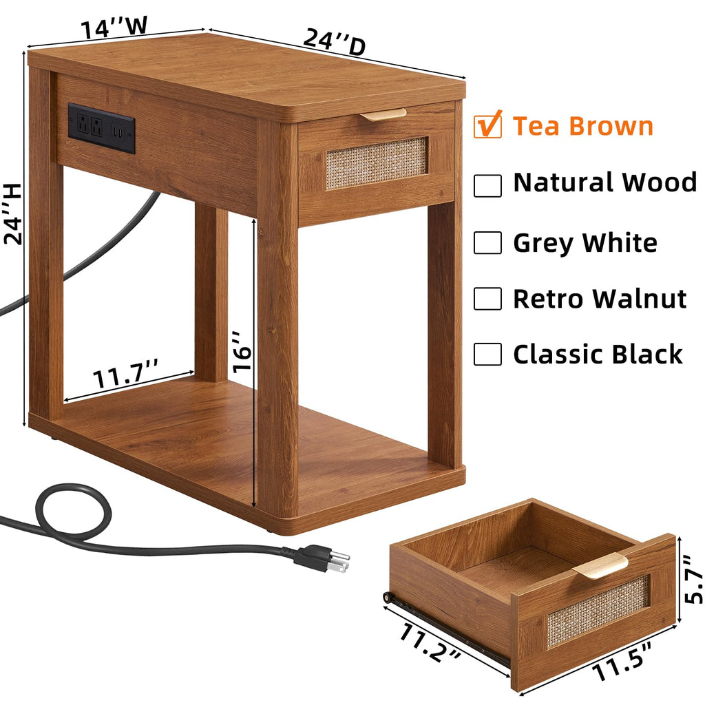 LEYAOYAO Narrow Side Table with Charging Station, Rattan 24 x 14''