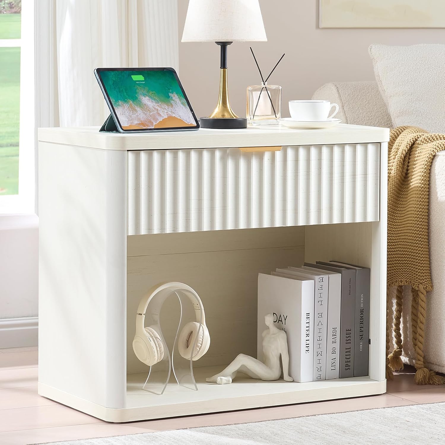 LEYAOYAO 31" Wide Fluted Nightstand with Charging Station, Oversized Extra Large 1 Drawer Night Stand with Golden Handle, Antique White Bedside Table Tall End Tables,for Bedroom, Living Room, Hallway