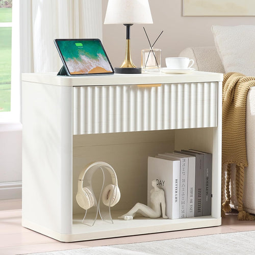 LEYAOYAO 31" Wide Fluted Nightstand with Charging Station, Oversized Extra Large 1 Drawer Night Stand with Golden Handle, Antique White Bedside Table Tall End Tables,for Bedroom, Living Room, Hallway