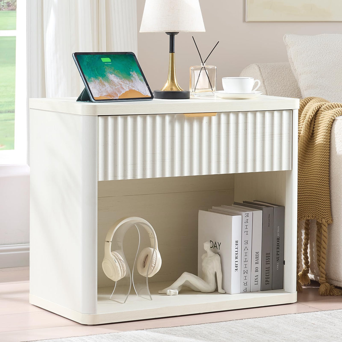 LEYAOYAO 31" Wide Fluted Nightstand with Charging Station, Oversized Extra Large 1 Drawer Night Stand with Golden Handle, Antique White Bedside Table Tall End Tables,for Bedroom, Living Room, Hallway