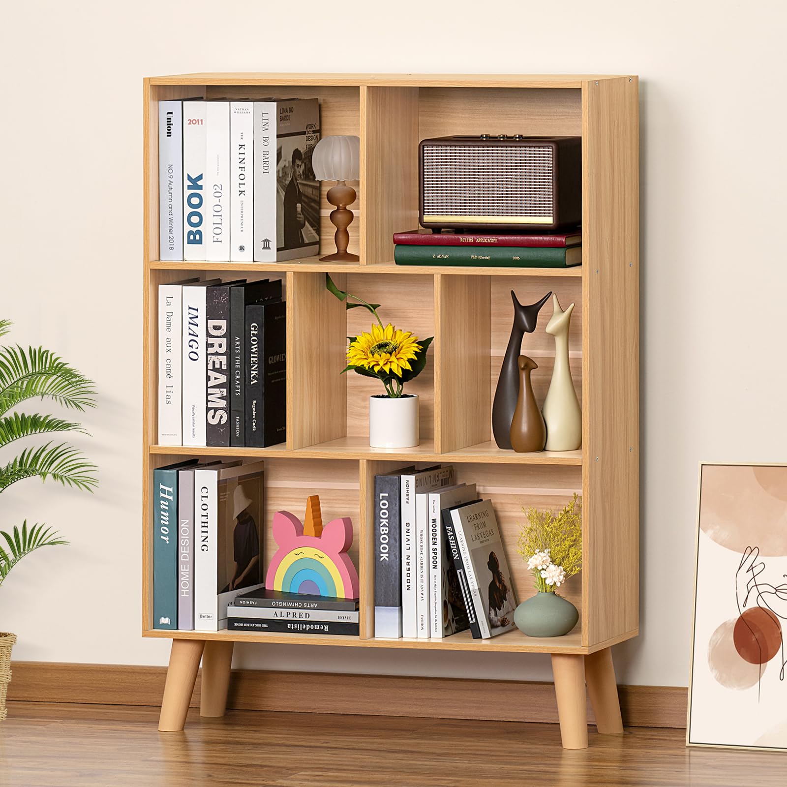 LEYAOYAO Cube Bookshelf, Mid-Century Modern Book Shelf with Legs, Brown