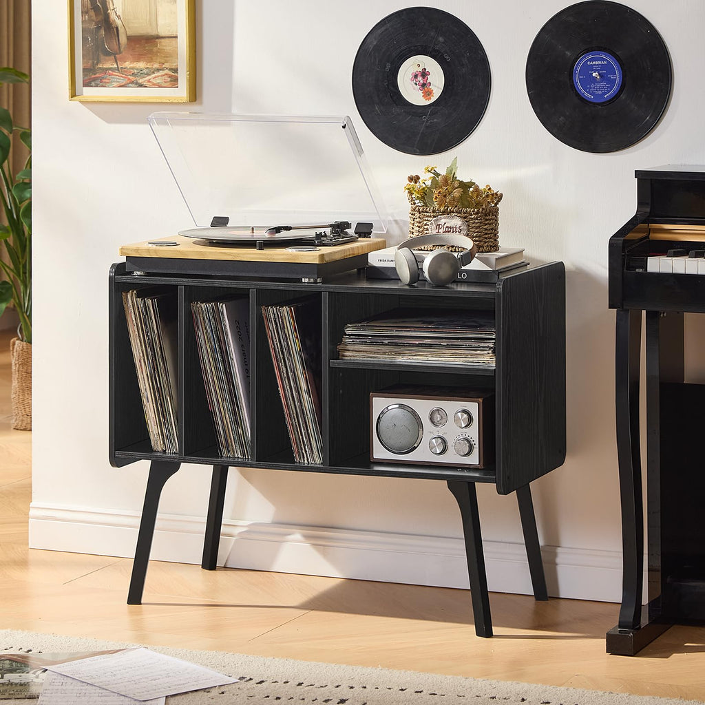 Lerliuo Record Player Stand with 4 Cabinet Holds Up to 220 Albums,Oak