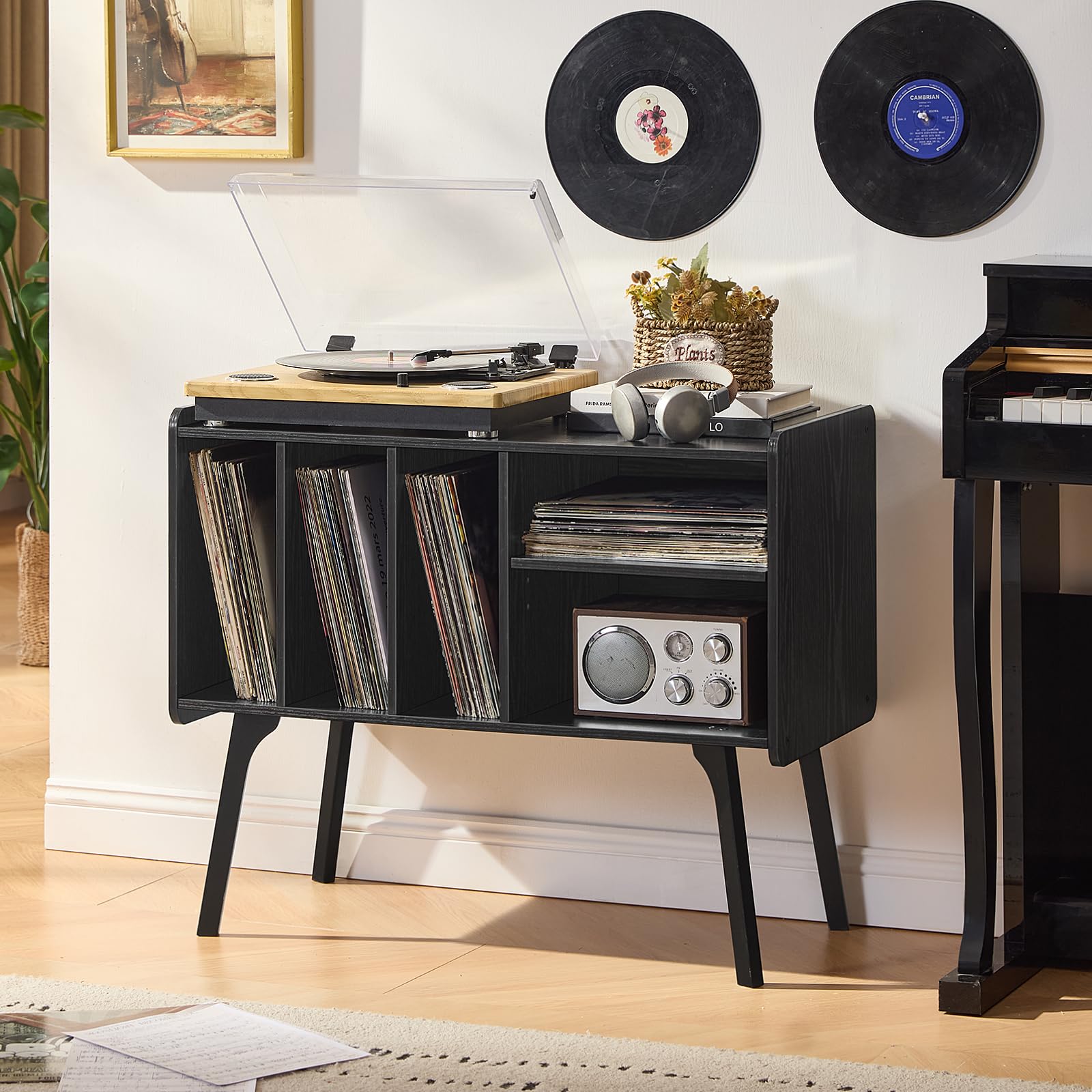 Lerliuo Record Player Stand with 4 Cabinet Holds Up to 220 Albums,Oak