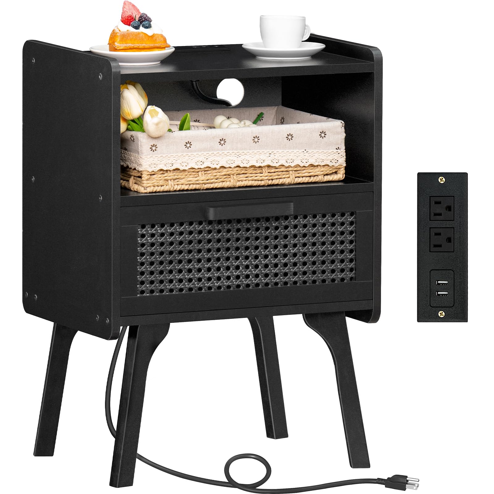 Lerliuo Rattan Nightstand with Charging Station, Boho Night Stand