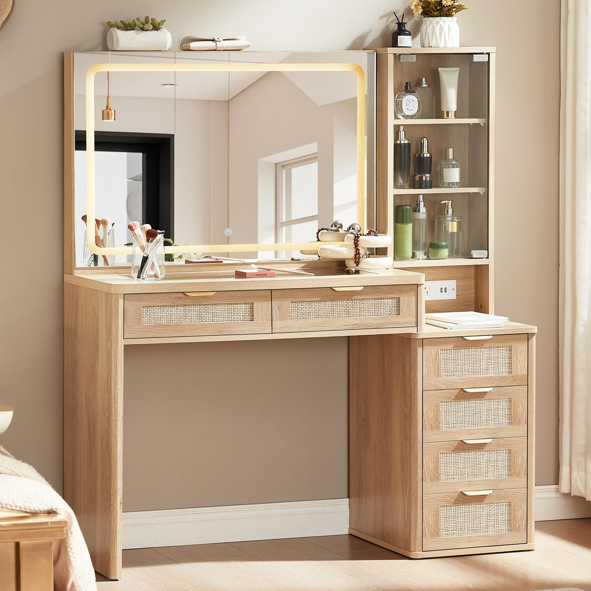 LEYAOYAO Rattan Makeup Vanity Desk with Stool, Mirror and Lights
