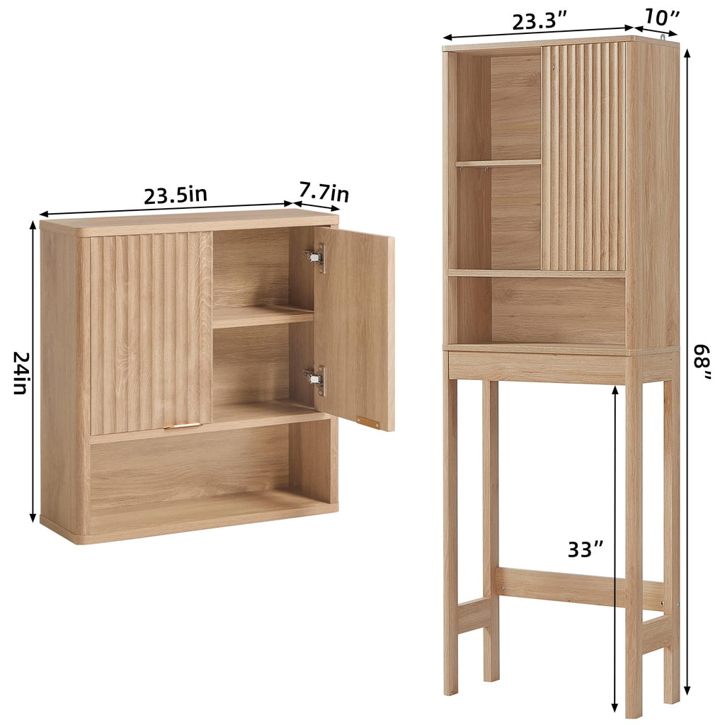 LEYAOYAO Fluted Over The Toilet Storage Cabinet & Bathroom Wall Cabinet Set of 2, Farmhouse Above Toilet Organizer, Medicine Cabinet w/Adjustable Shelf & Doors for Laundry Living Room Kitchen(Black)