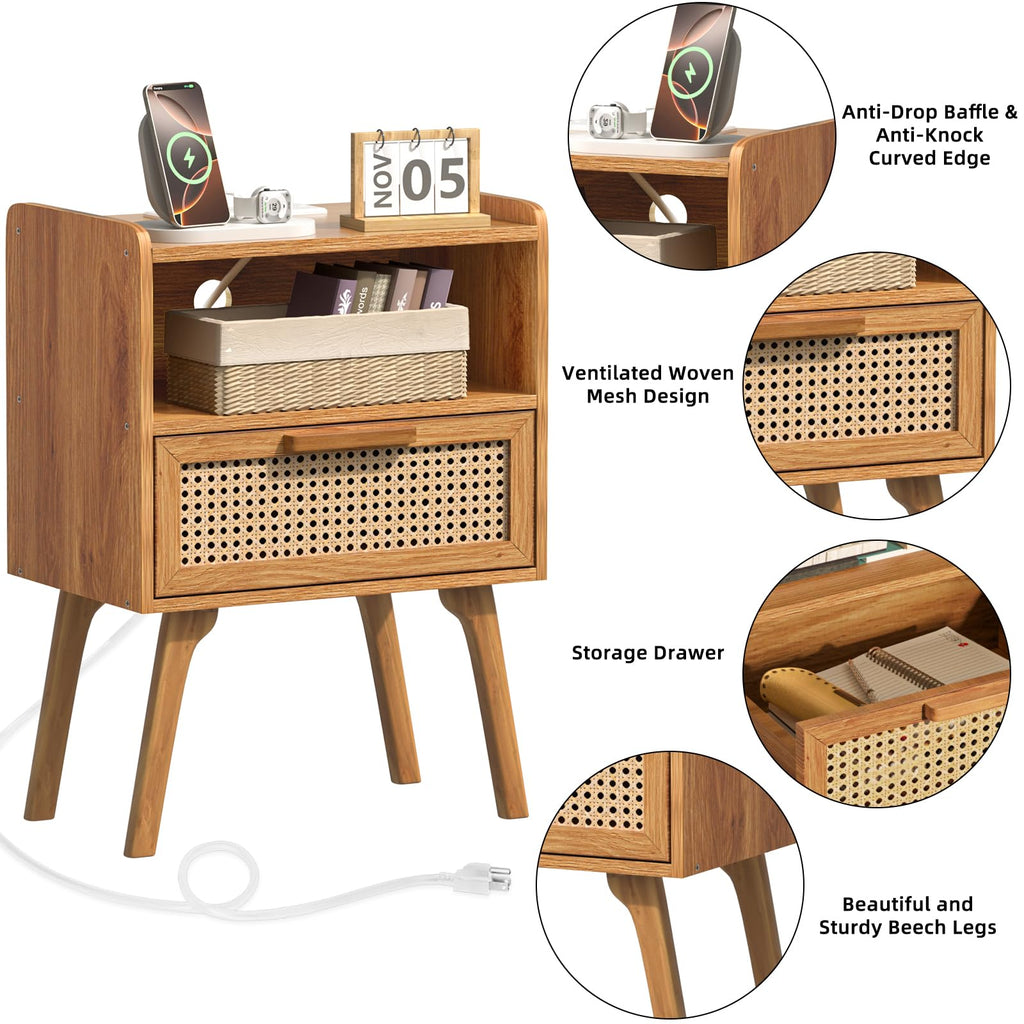 Lerliuo Rattan Nightstand with Charging Station, Boho Night Stand