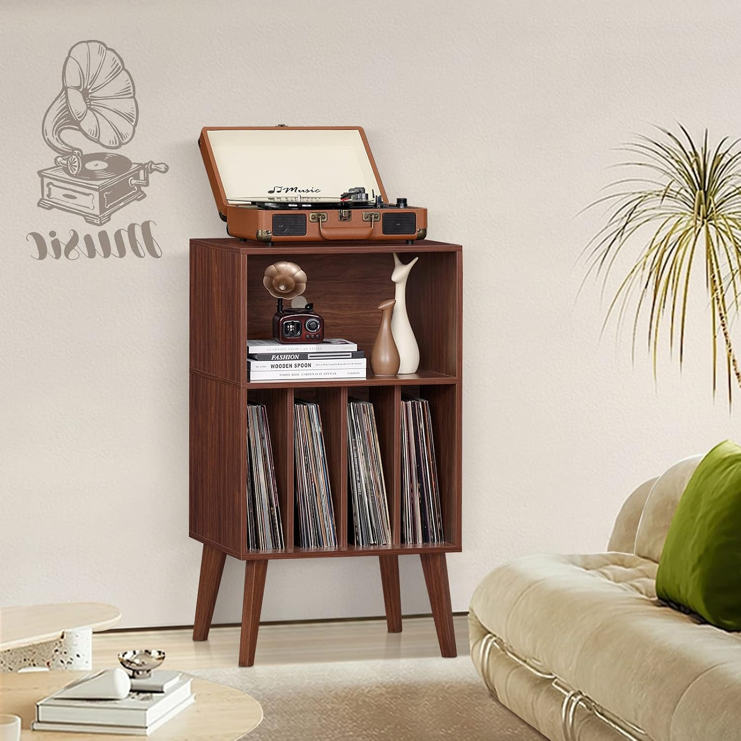 Lerliuo Record Player Stand, Walnut Turntable Stand Holds up to 160 Albums