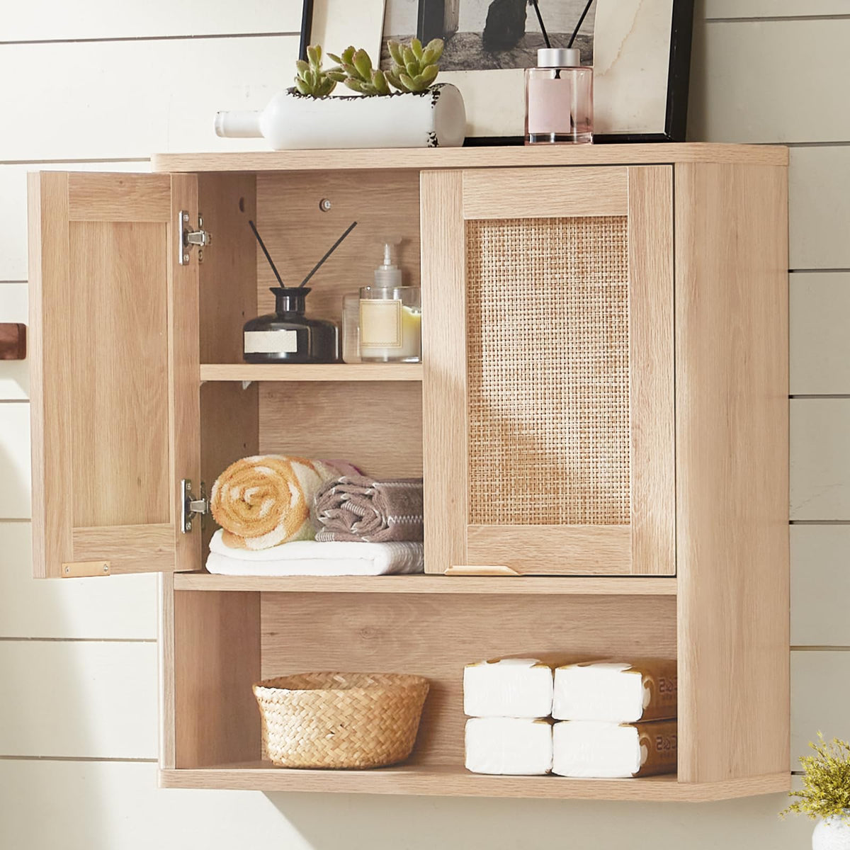 Lerliuo Rattan Bathroom Wall Cabinet, Boho Natural Medicine Cabinet with Adjustable Wood Shelf, 2 Doors Over The Toilet Storage Cabinets for Laundry Room, Kitchen, Living Room