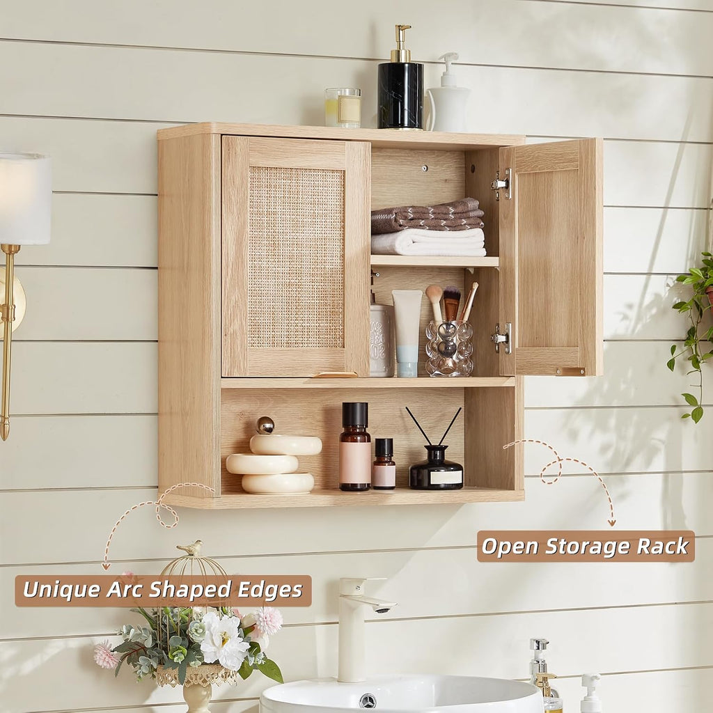 Lerliuo Rattan Bathroom Wall Cabinet, Boho Natural Medicine Cabinet with Adjustable Wood Shelf, 2 Doors Over The Toilet Storage Cabinets for Laundry Room, Kitchen, Living Room