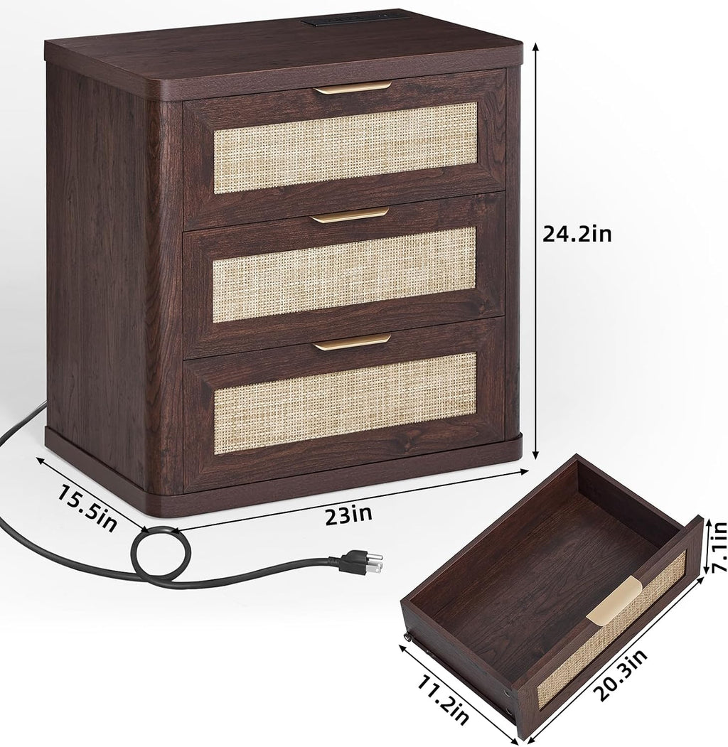LEYAOYAO Rattan 23" Nightstands with Charger Station 2 Drawers