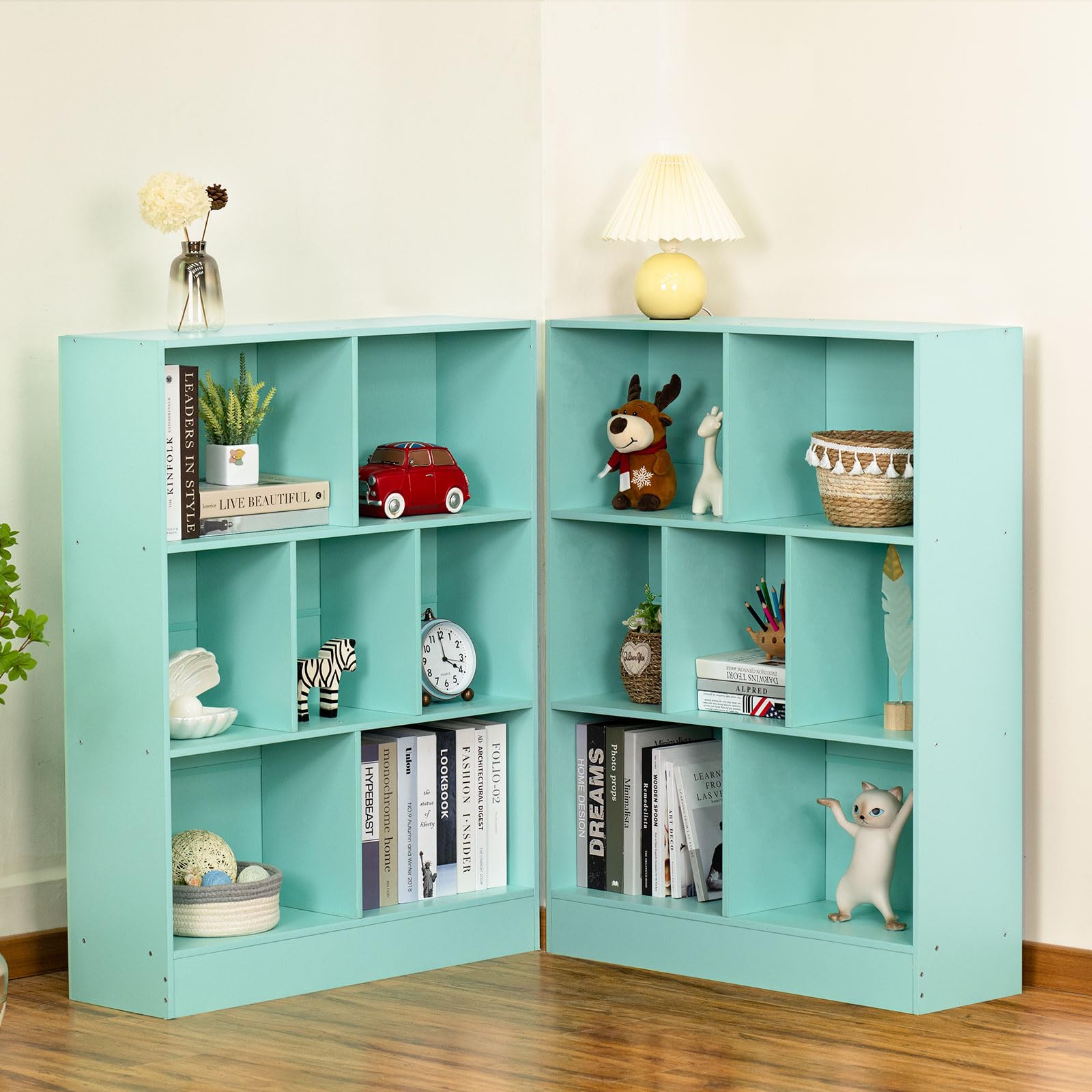 LEYAOYAO 7 Cube Bookshelf with Base,3 Tier Mid-Century Modern Blue Bookcase,Standing Wide Bookshelves Storage Organizer Shelf,Rustic Wood Display Cabinet Book Shelves for Bedroom,Living Room,Office