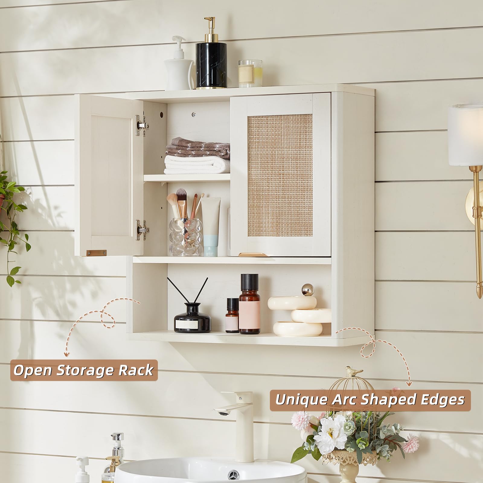 LEYAOYAO 68" Boho Over the Toilet Storage Cabinet with Rattan Sliding Door