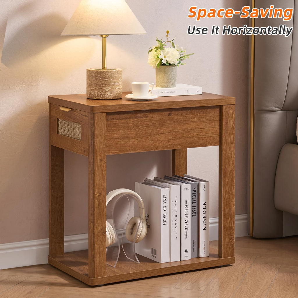 LEYAOYAO Narrow Side Table with Charging Station, Rattan 24 x 14''