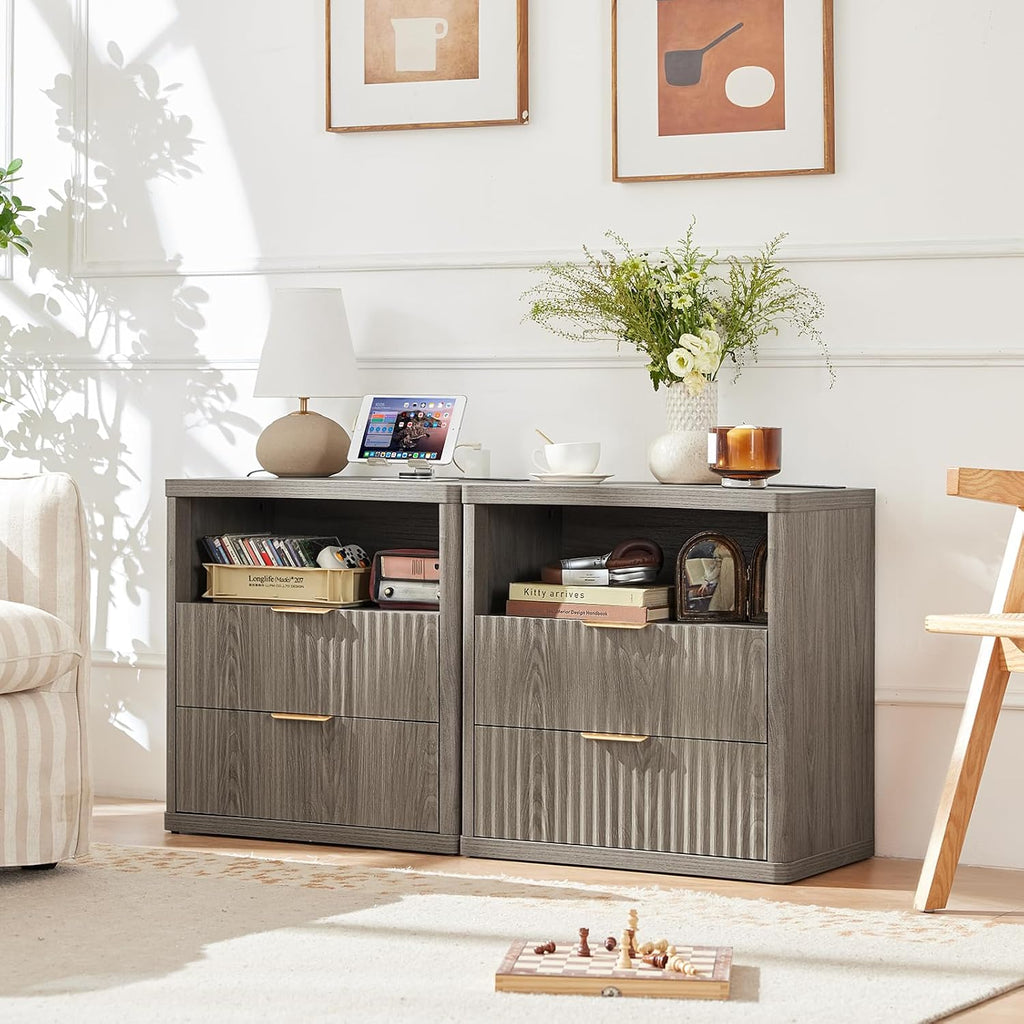 LEYAOYAO 23" Wide Fluted Night Stand with Charging Station, 2 Drawers Large End Table with Storage, LightGrey Nightstand Wood Bedside Tables, Farmhouse Cabinet Dresser for Bedroom, Closet