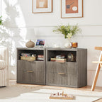 LEYAOYAO 23" Wide Fluted Night Stand with Charging Station, 2 Drawers Large End Table with Storage, LightGrey Nightstand Wood Bedside Tables, Farmhouse Cabinet Dresser for Bedroom, Closet
