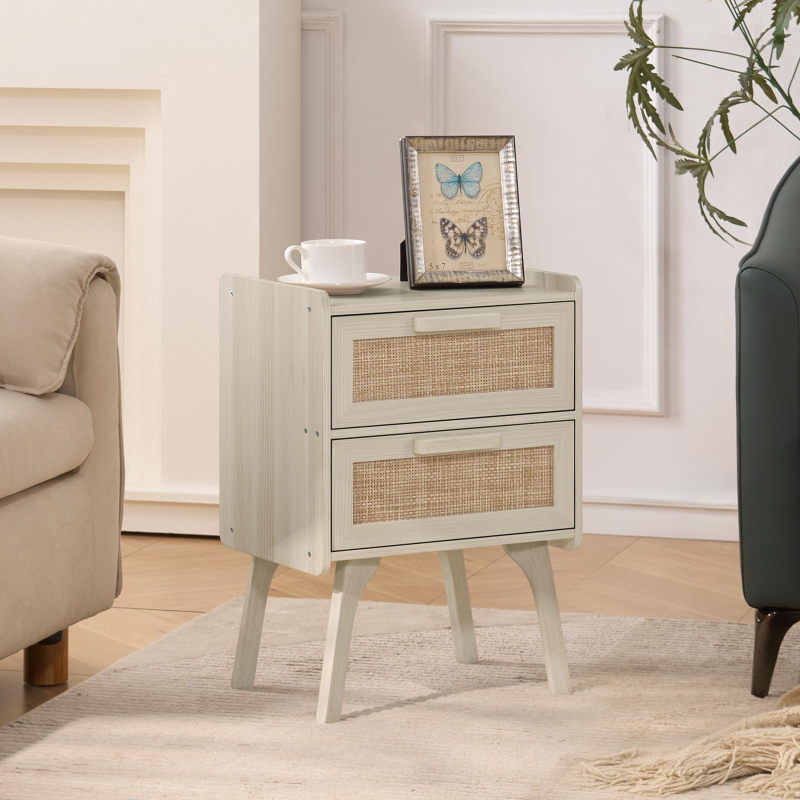 Lerliuo Rattan Nightstands Set of 2 for Bedroom, 2 Drawers
