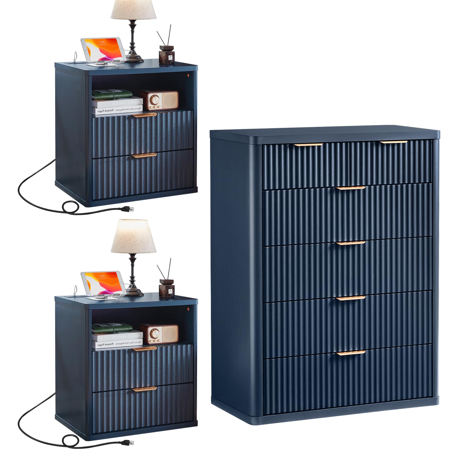 LEYAOYAO Fluted Dressers & Nightstand Set of 4, Wood 48" Wide Dresser & 42" Tall Chest of Drawers,Modern Bedroom Furniture Sets, Black Wooden Nightstand Set of 2 with 2 Drawers & Charging Station