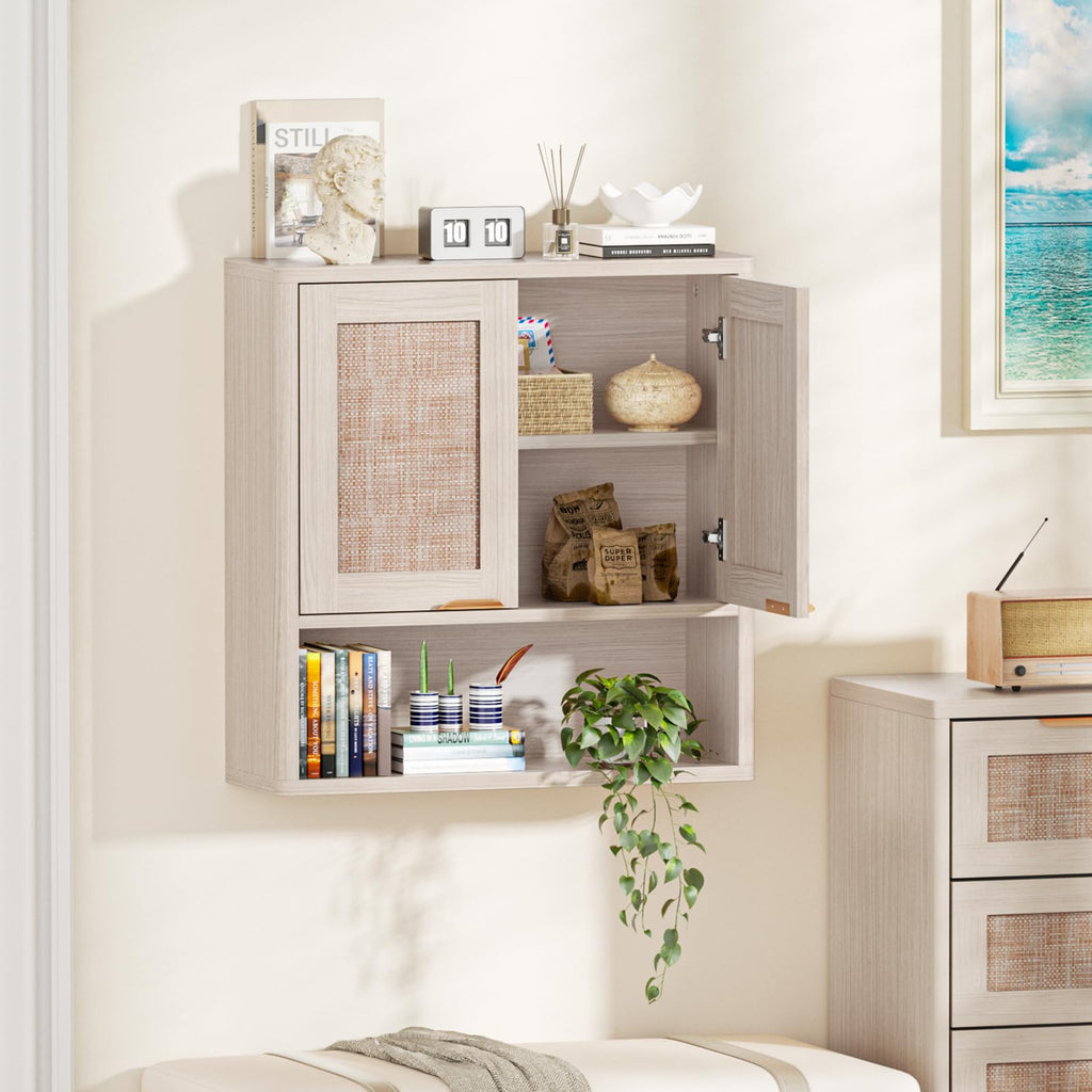 LEYAOYAO 68" Boho Over the Toilet Storage Cabinet with Rattan Sliding Door