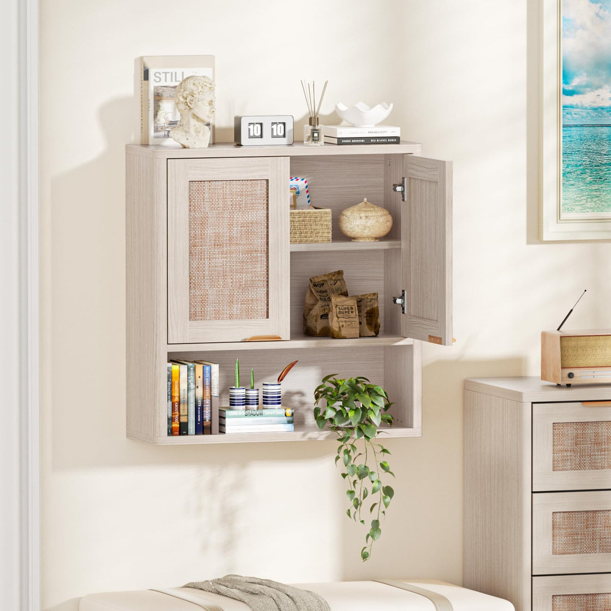 LEYAOYAO 68" Boho Over the Toilet Storage Cabinet with Rattan Sliding Door