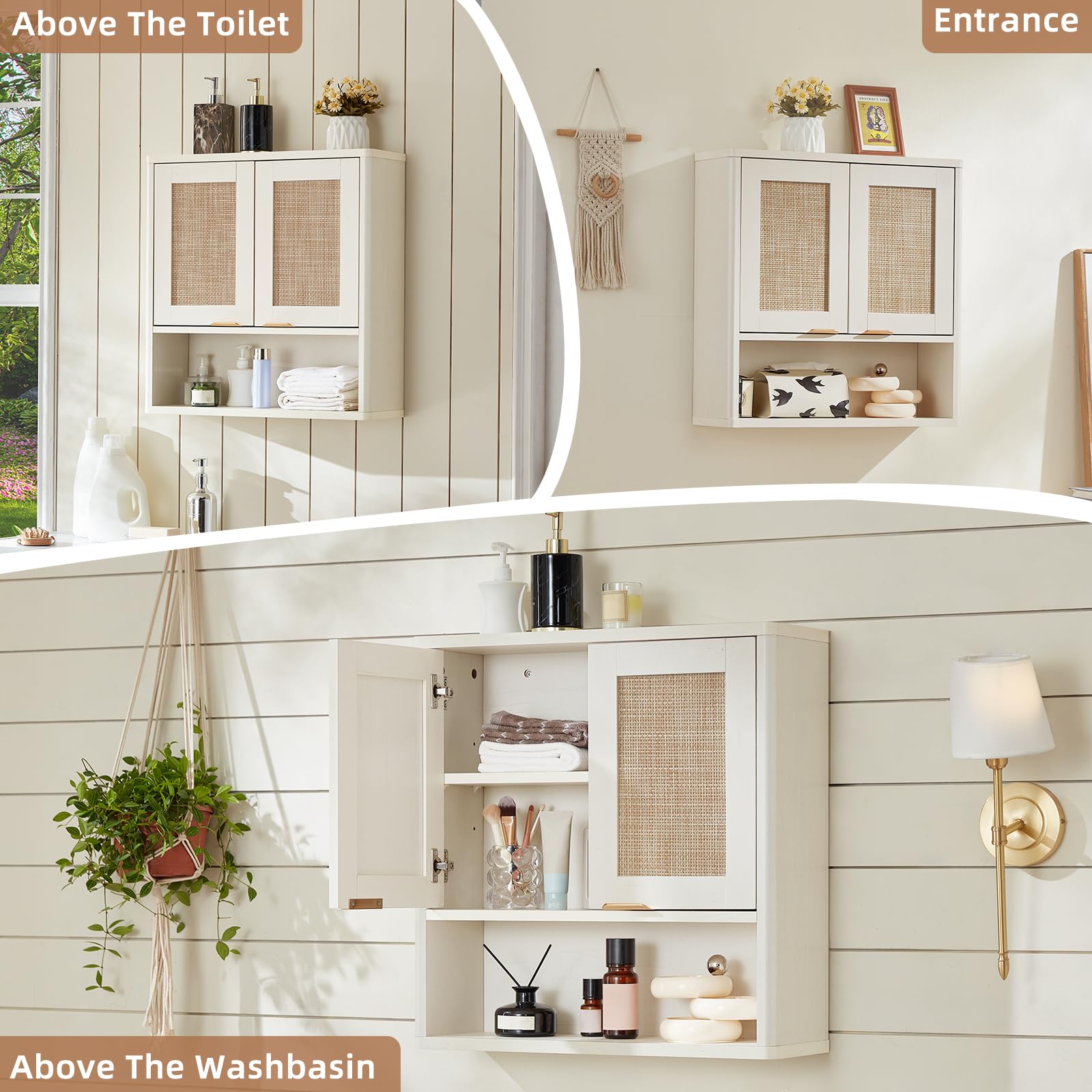 Lerliuo Rattan Bathroom Wall Cabinet, Boho Natural Medicine Cabinet with Adjustable Wood Shelf, 2 Doors Over The Toilet Storage Cabinets for Laundry Room, Kitchen, Living Room