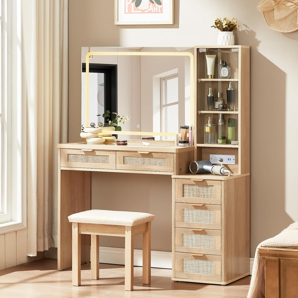 LEYAOYAO Rattan Makeup Vanity Desk with Stool, Mirror and Lights