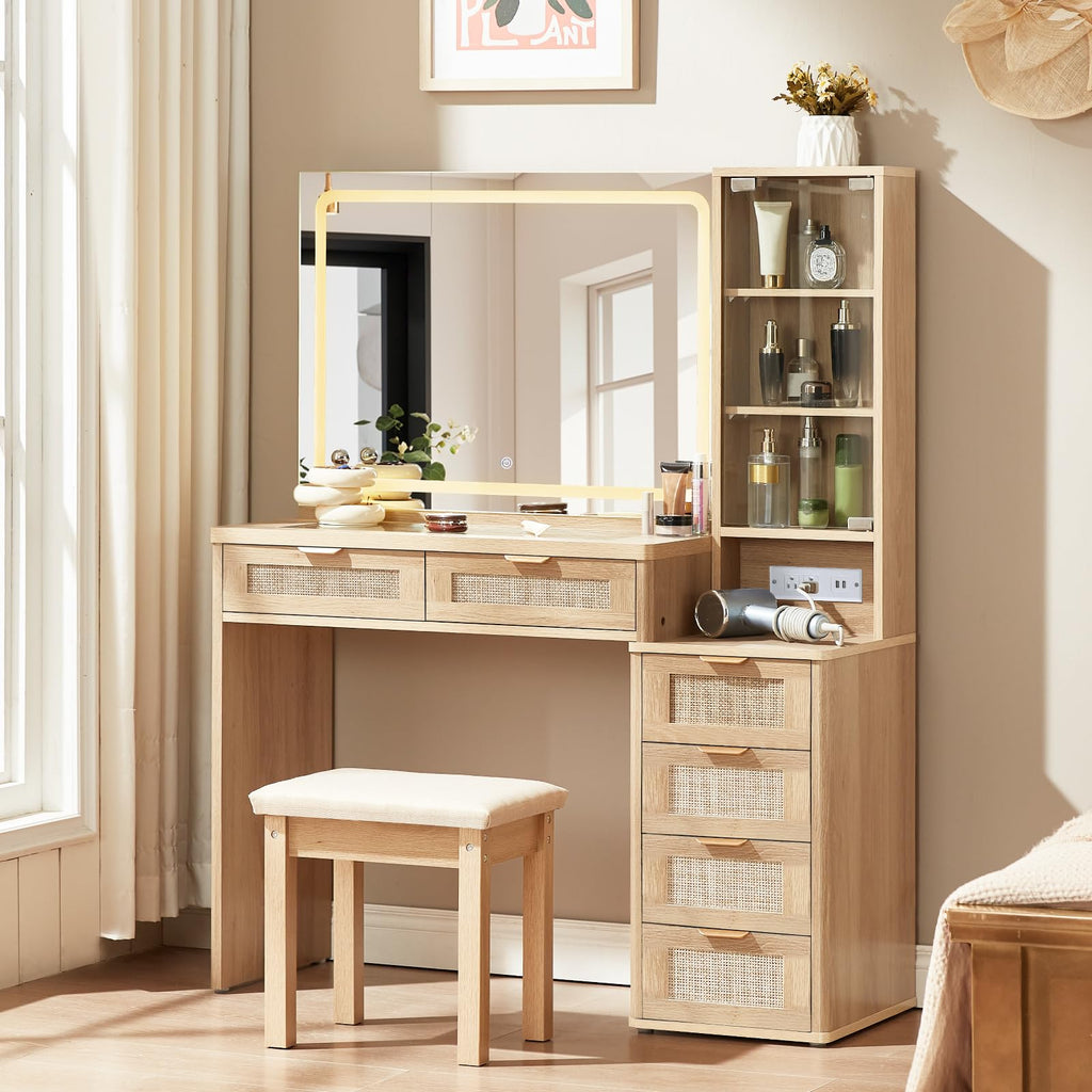 LEYAOYAO Rattan Makeup Vanity Desk with Stool, Mirror and Lights