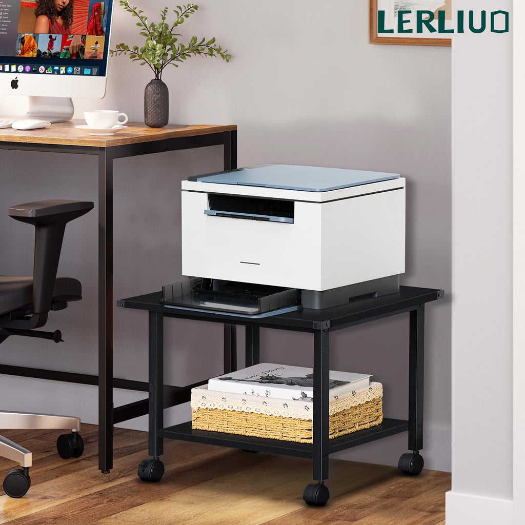 Lerliuo 3-Tier Printer Stand, Industrial Mobile Printer Table with Storage Shelf and Steel Frame, Rolling Printer Cart Holder with Lockable Wheels for Home, Office (White)