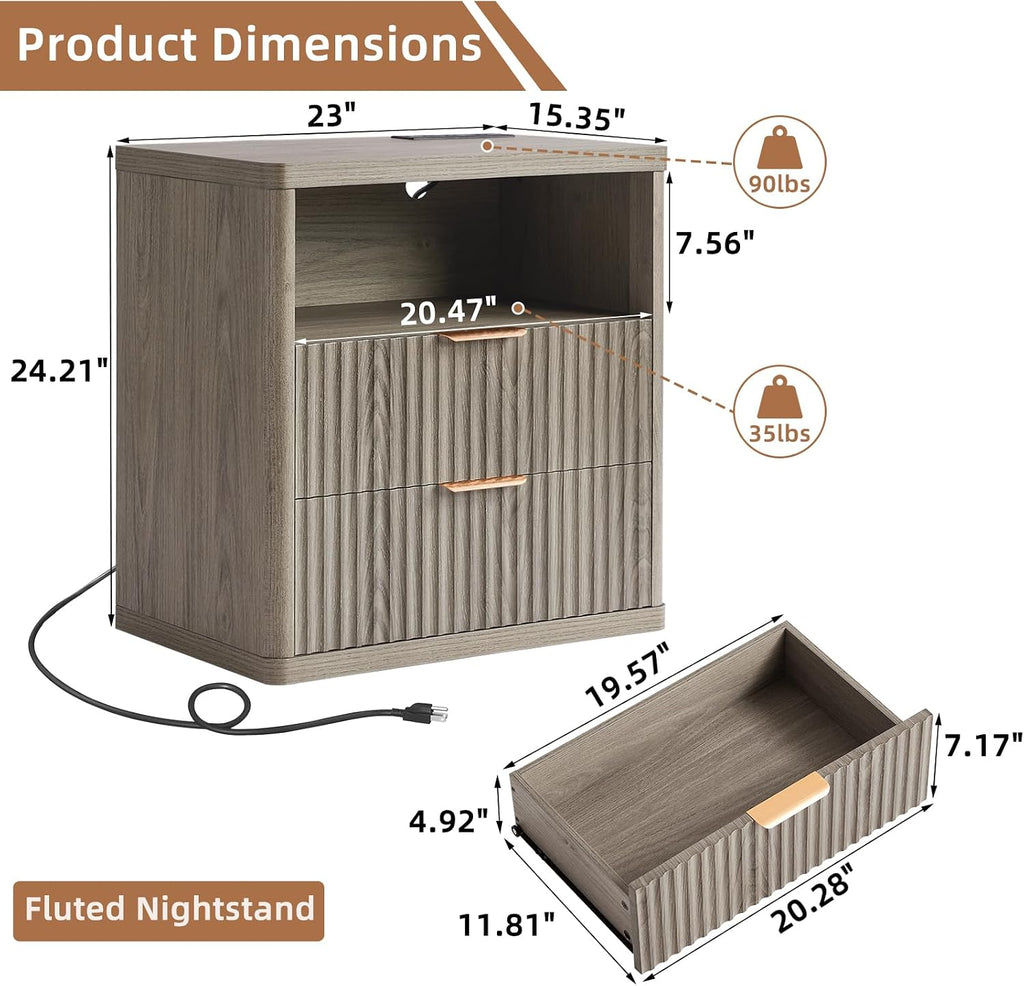 LEYAOYAO 23" Wide Fluted Night Stand with Charging Station, 2 Drawers Large End Table with Storage, LightGrey Nightstand Wood Bedside Tables, Farmhouse Cabinet Dresser for Bedroom, Closet