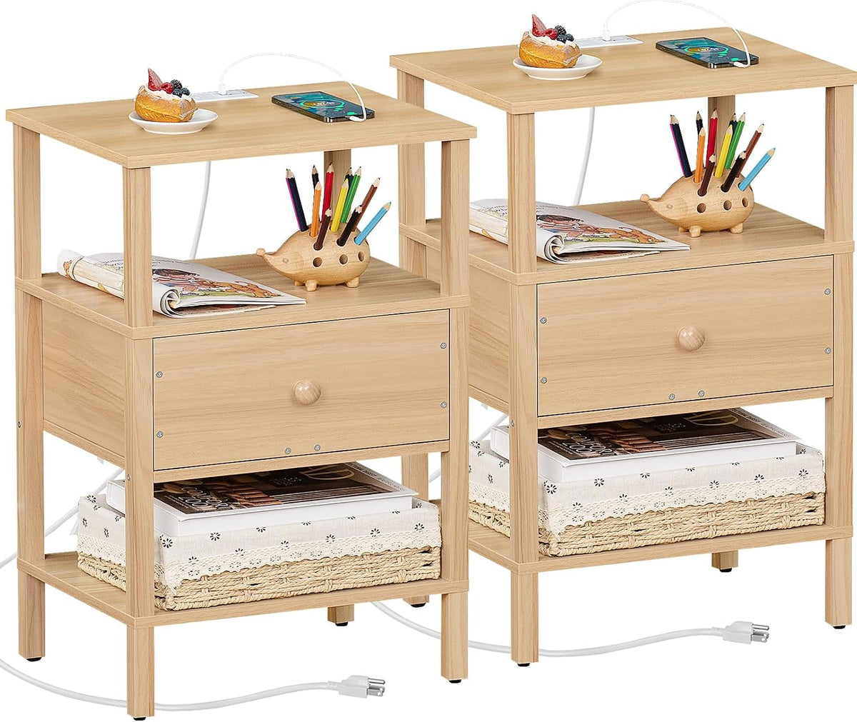 Lerliuo Nightstand Set 2 with Charger, 3 Tier Storage End Table
