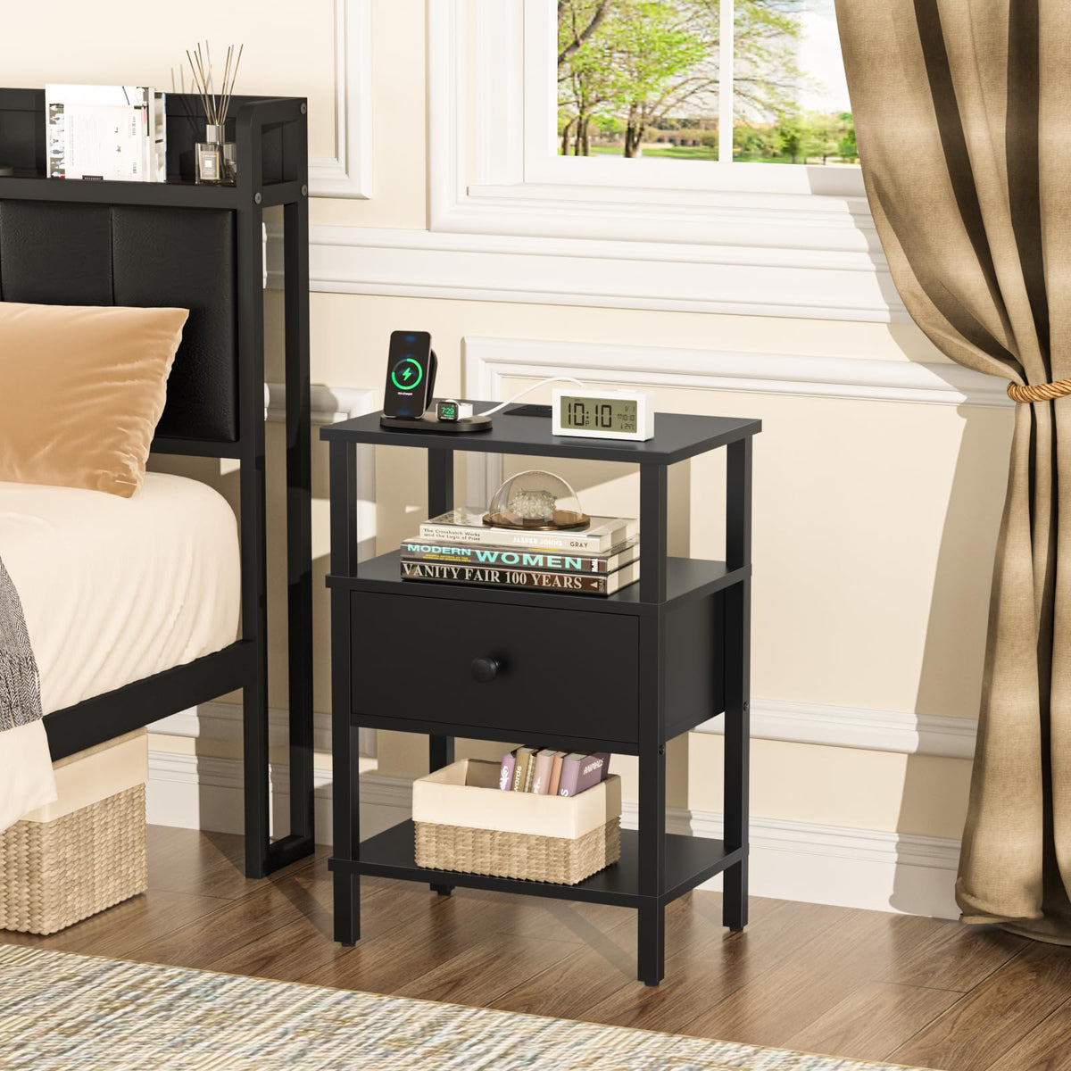 Lerliuo Nightstand with Charging Station and USB Ports, 3-Tier Storage End Table with Drawer Shelf, Night Stand for Small Spaces, Wood Bedside Table for Living Room, Bedroom - Retro Brown…