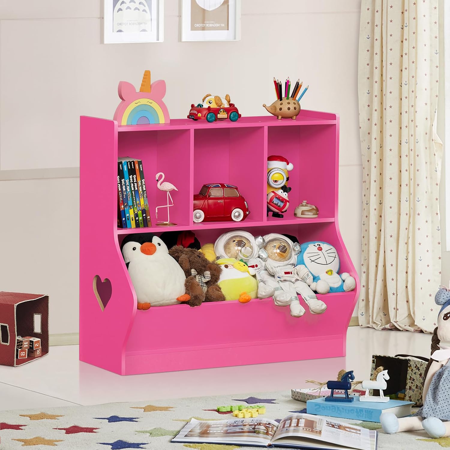 Lerliuo Kids Toy Storage Organizer, Children Small Bookcase and Bookshelf, Toddler 4 Cubby Toy Storage Cabinet, Toy Shelf for Playroom, Bedroom, Living Room, Nursery, School 29.53'' H (Pink)