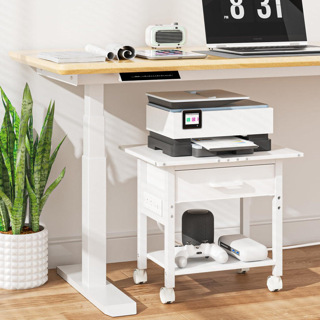 Lerliuo Under Desk Rolling Printer Stand with Drawer, 2-Tier Industrial Mobile Printer Table Desk with Storage Shelf and Steel Frame, Printer Cart Holder with Lockable Wheels for Home, Office (Brown)