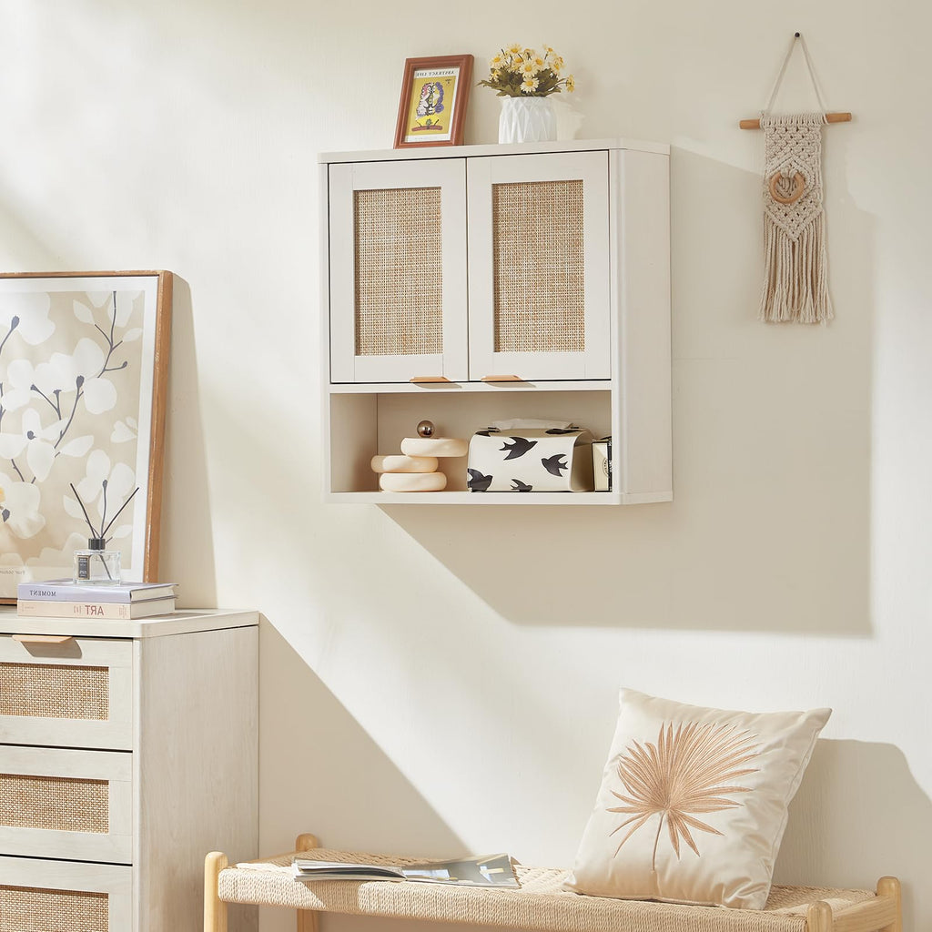 Lerliuo Rattan Bathroom Wall Cabinet, Boho Natural Medicine Cabinet with Adjustable Wood Shelf, 2 Doors Over The Toilet Storage Cabinets for Laundry Room, Kitchen, Living Room