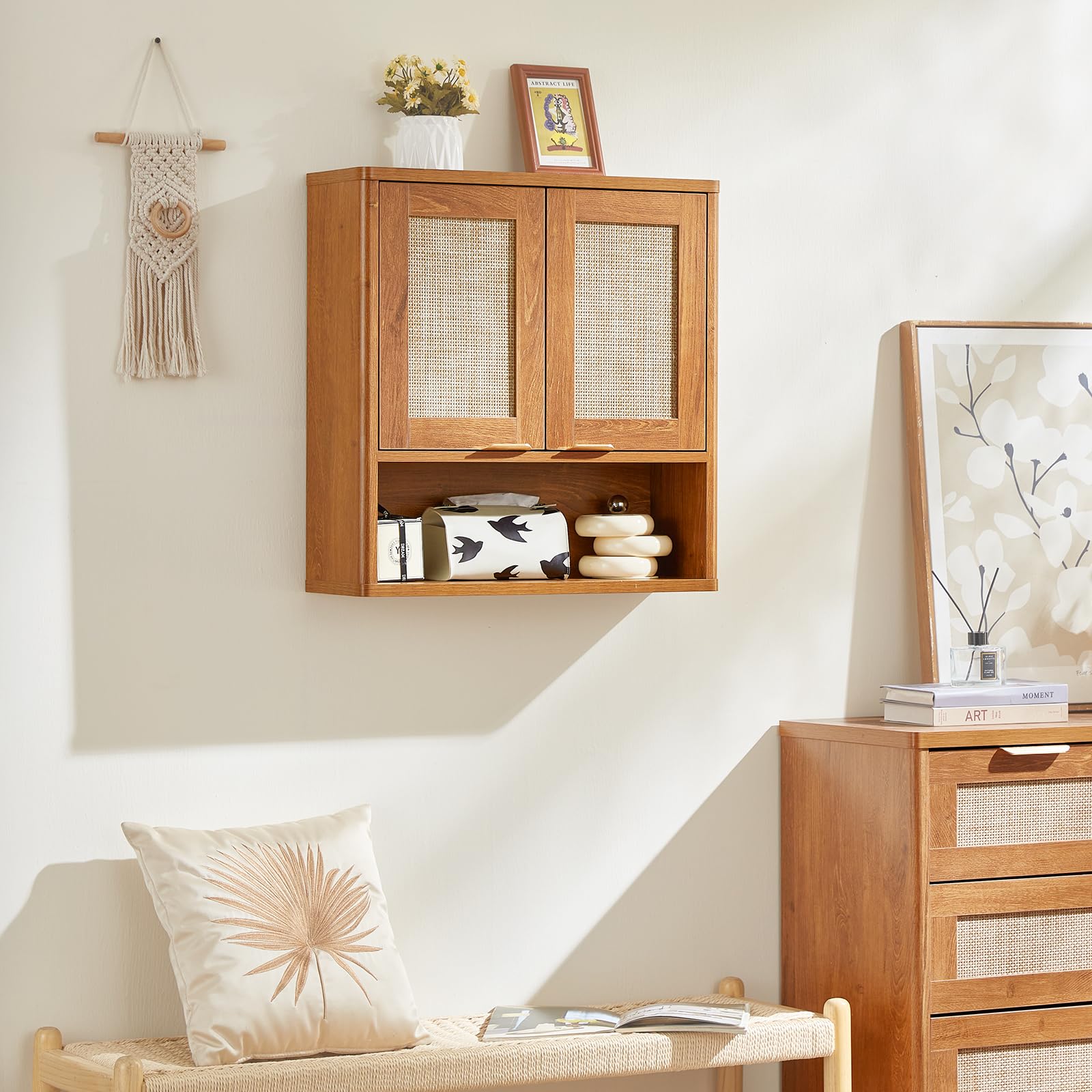 LEYAOYAO 68" Boho Over the Toilet Storage Cabinet with Rattan Sliding Door