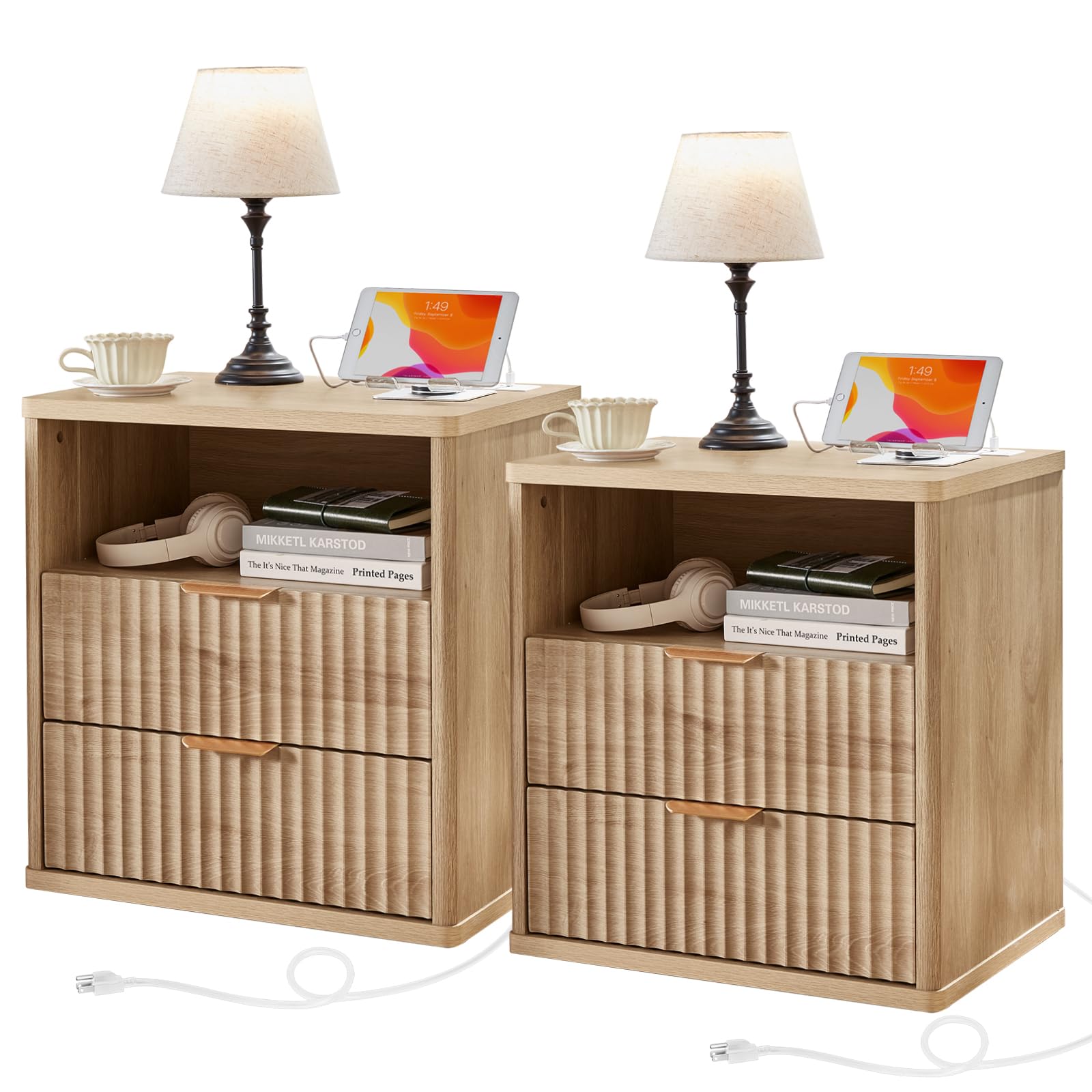 LEYAOYAO Vanity Mirror with Lights and Night Stand Sets, 43.5" Fluted Makeup Vanity with 6 Drawers and Power Outlet, 3 Drawers 23" End Side Table, Natural Wood Makeup Table Bedroom Furniture Set of 2