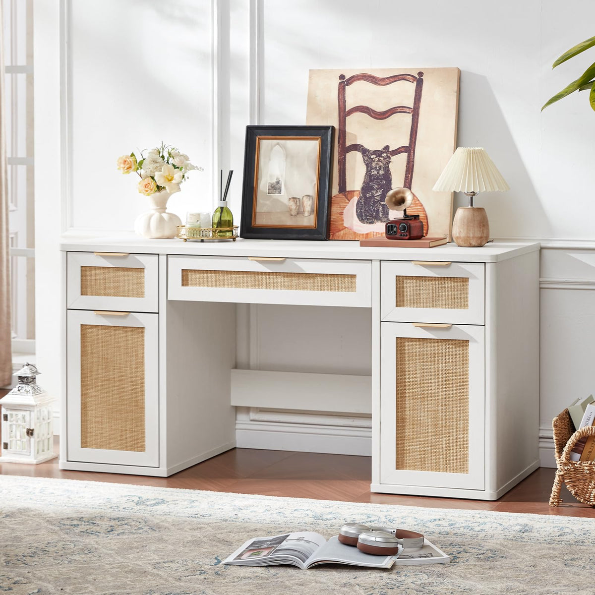 LEYAOYAO Office Desk 56" with 5 Drawers Storage File Cabinet, Natural