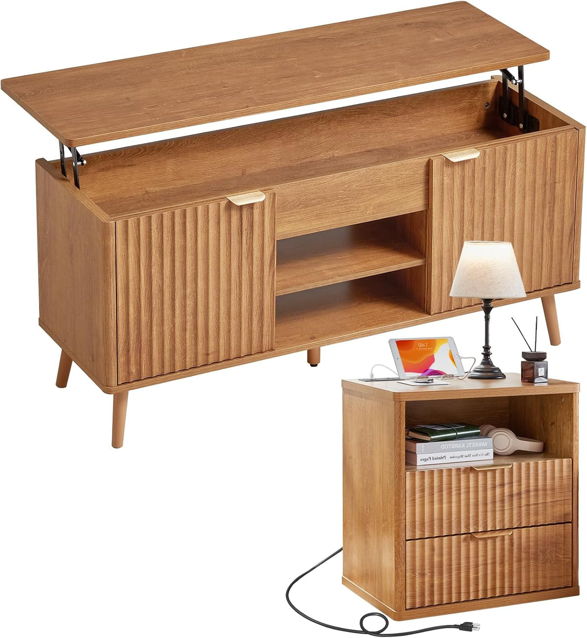 LEYAOYAO Fluted Lift Top Coffee Table and Night Stand Set,Wood 48" Wide Center Tables & 23" with Charging Station Chest of Drawers,Farmhouse Living Room Suites for Bedroom Home,Brown