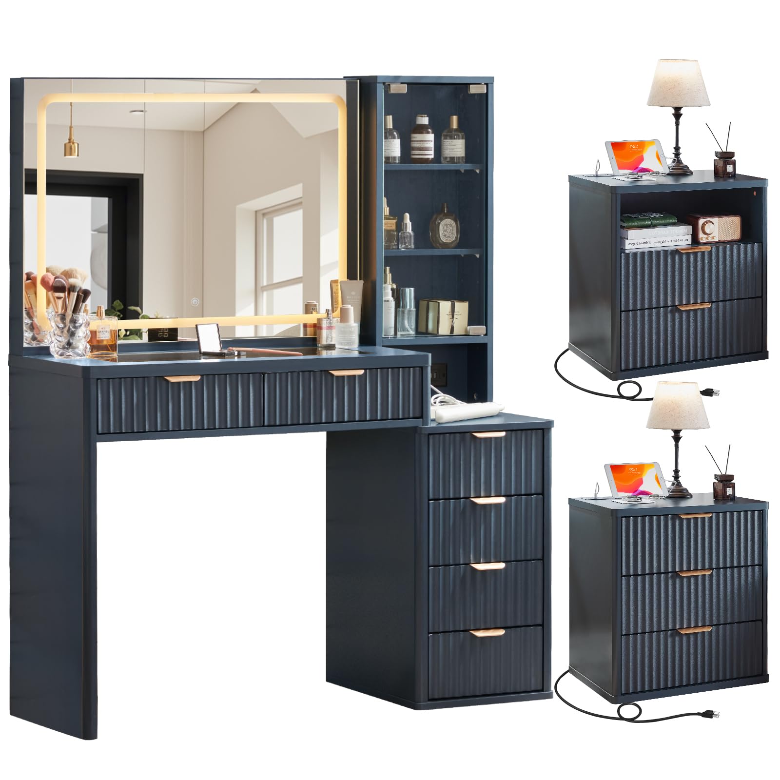 LEYAOYAO Vanity Mirror with Lights and Night Stand Sets, 43.5" Fluted Makeup Vanity with 6 Drawers and Power Outlet, 3 Drawers 23" End Side Table, Natural Wood Makeup Table Bedroom Furniture Set of 2