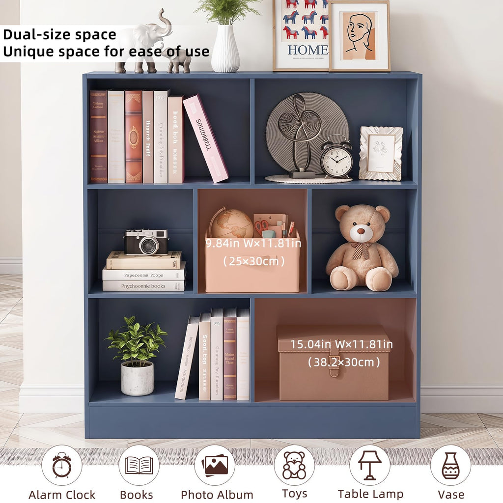 LEYAOYAO 7 Cube Bookshelf with Base,3 Tier Mid-Century Modern Blue Bookcase,Standing Wide Bookshelves Storage Organizer Shelf,Rustic Wood Display Cabinet Book Shelves for Bedroom,Living Room,Office