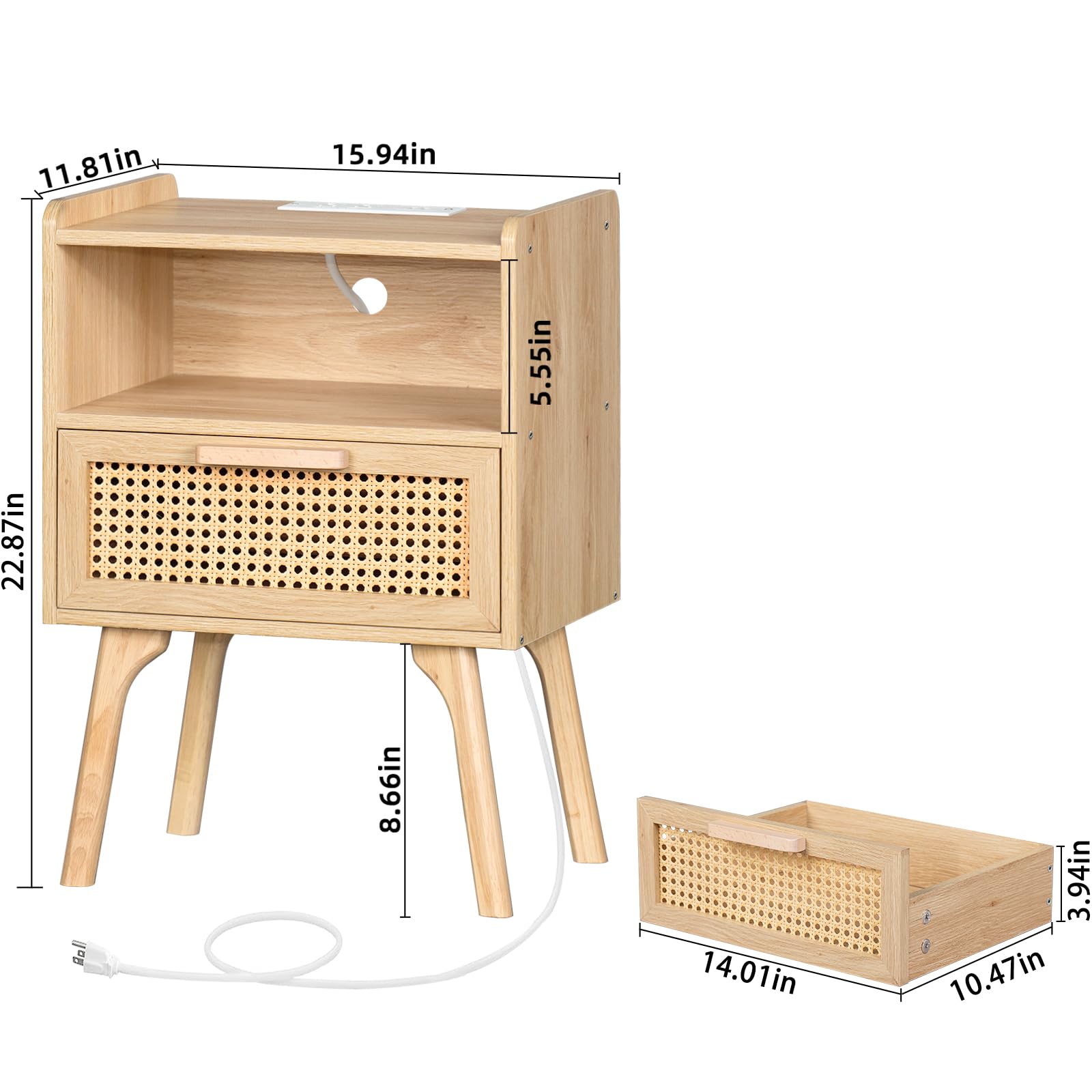 Lerliuo Rattan Nightstand with Charging Station, Boho Night Stand