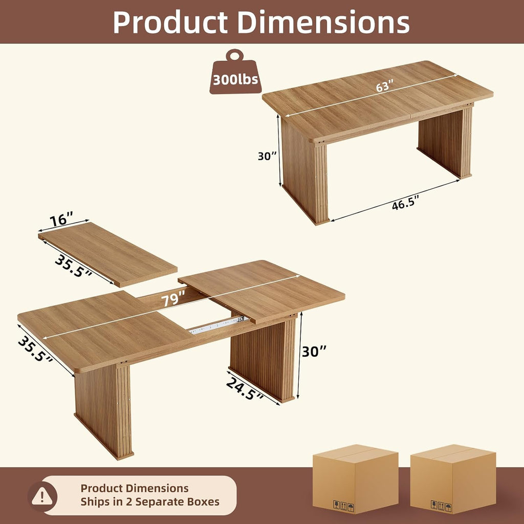 LEYAOYAO Extendable Dining Table for 4-6,63"–79" with Fluted Base(Brown)