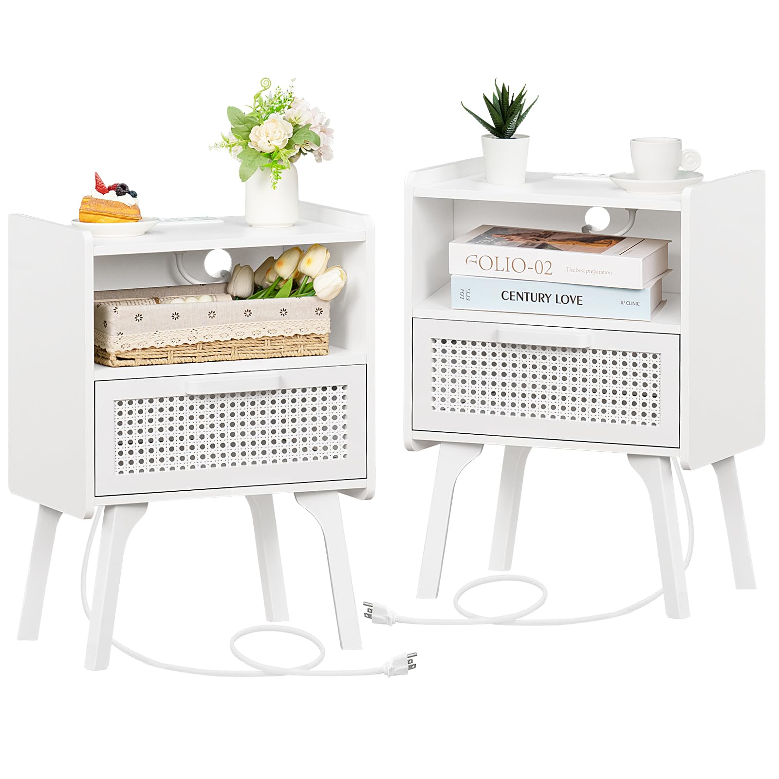 Lerliuo Rattan Nightstand with Charging Station, Boho Night Stand