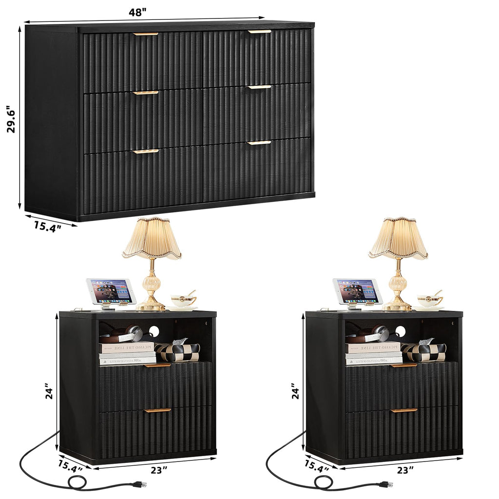 LEYAOYAO Fluted Dressers & Nightstand Set of 4, Wood 48" Wide Dresser & 42" Tall Chest of Drawers,Modern Bedroom Furniture Sets, Black Wooden Nightstand Set of 2 with 2 Drawers & Charging Station
