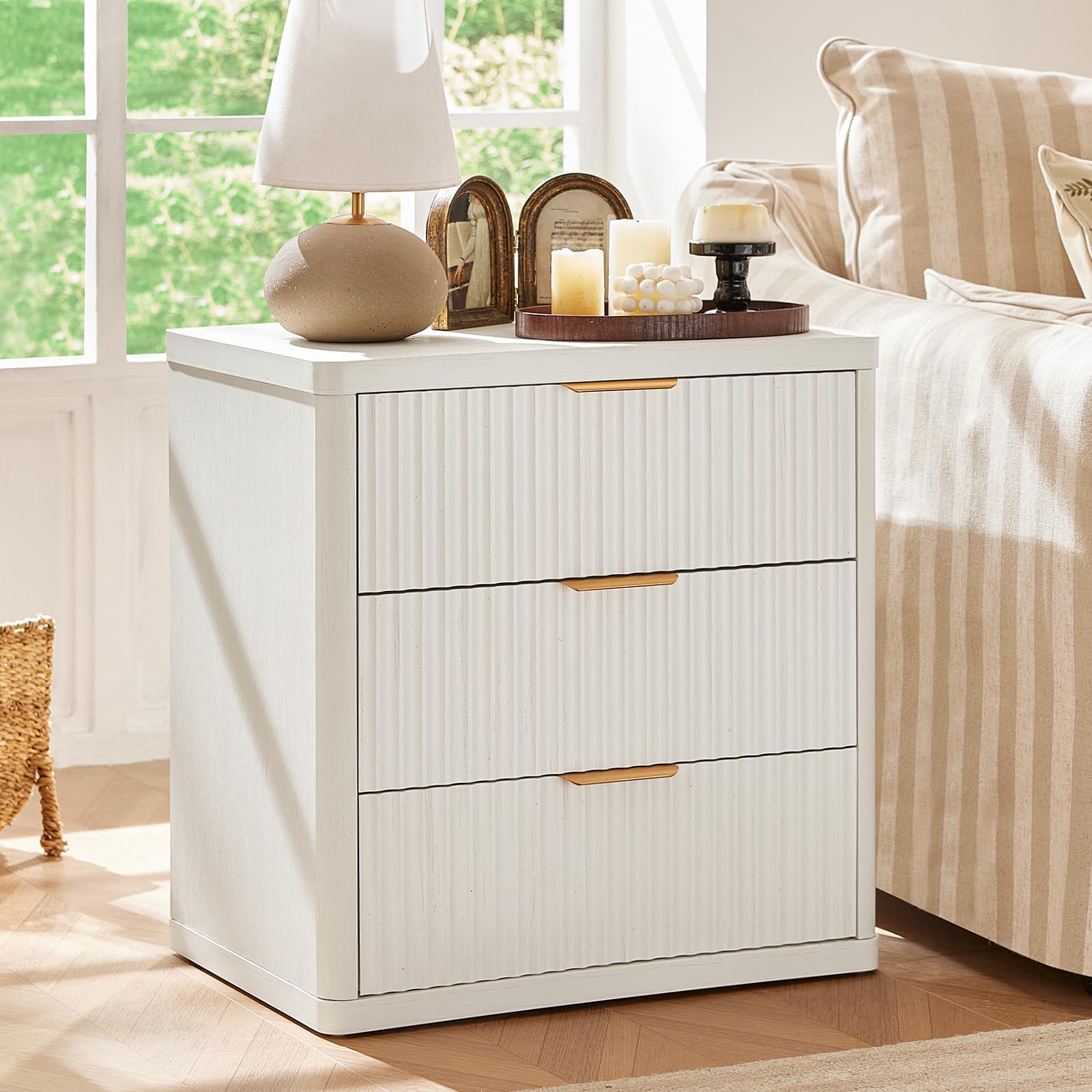 LEYAOYAO 23" Wide Fluted Night Stand with Charging Station, 3 Drawers Large End Table with Storage, LightGrey Nightstand Wood Bedside Tables, Farmhouse Cabinet Dresser for Bedroom, Closet