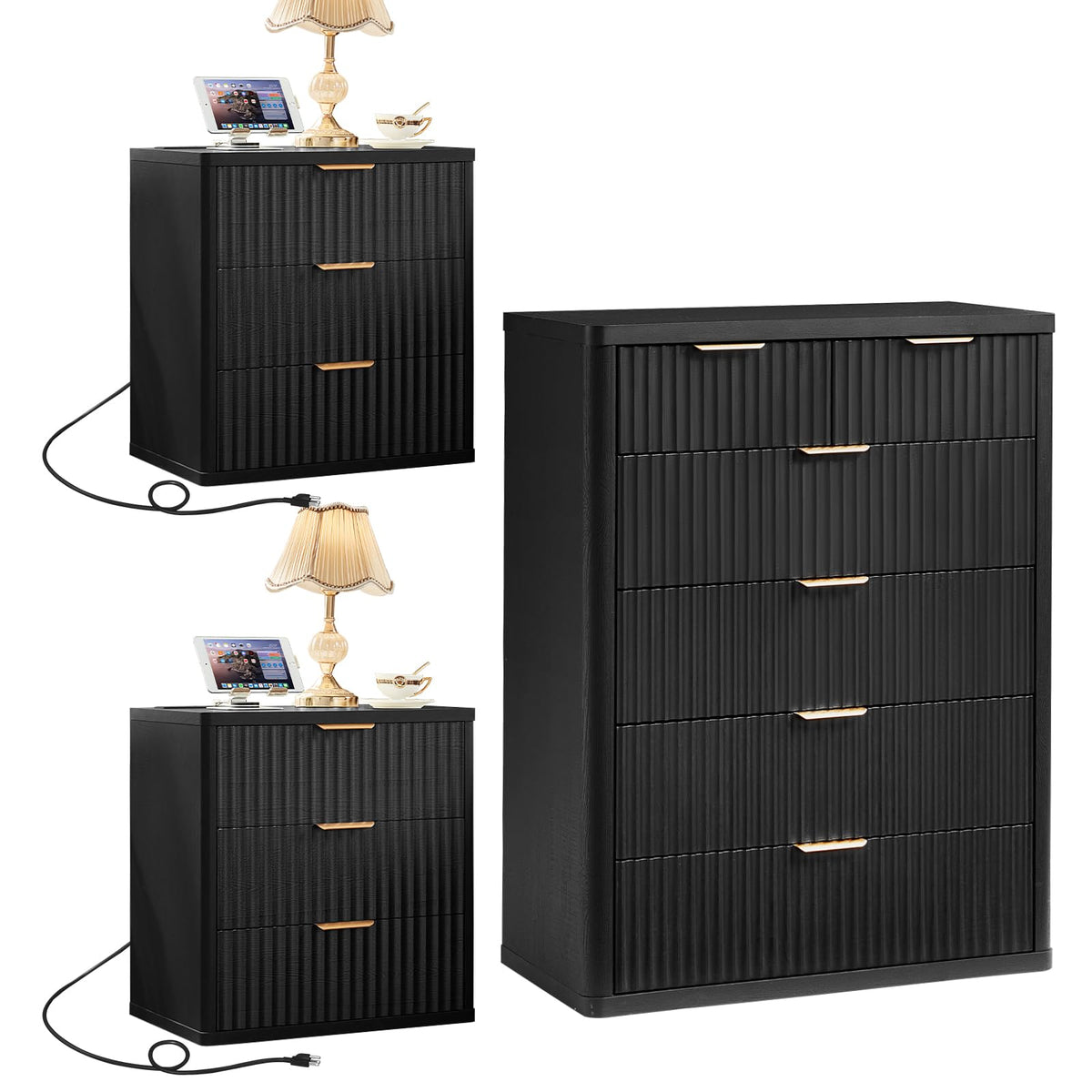 LEYAOYAO Fluted Dressers & Nightstand Set of 4, Wood 48" Wide Dresser & 42" Tall Chest of Drawers,Modern Bedroom Furniture Sets, Natural Wooden Nightstand Set of 2 with 3 Drawers & Charging Station
