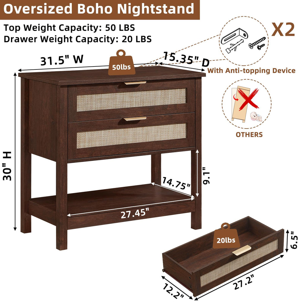 Lerliuo 31.5" Wide Rattan Nightstand,Oversized Large Boho Night Stand with 2 Drawers, 30" Tall Grey White Bedside Table with Storage Shelf, Bed Side End Tables for Bedroom, Living Room, Hallway